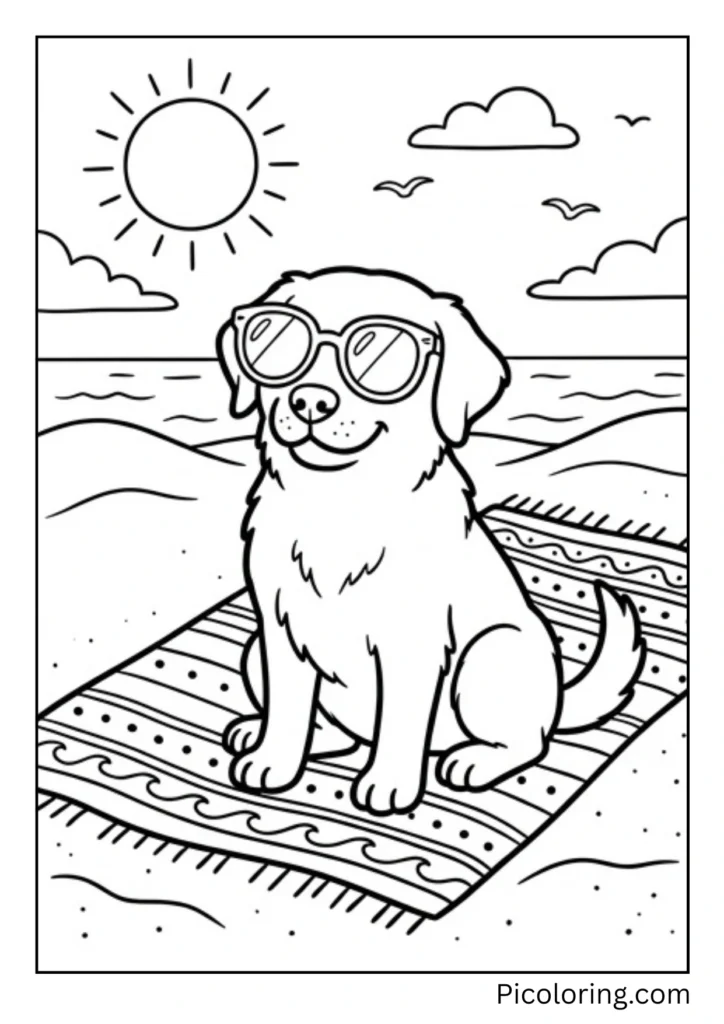 A Labrador sitting on a beach towel wearing oversized sunglasses looking very cool