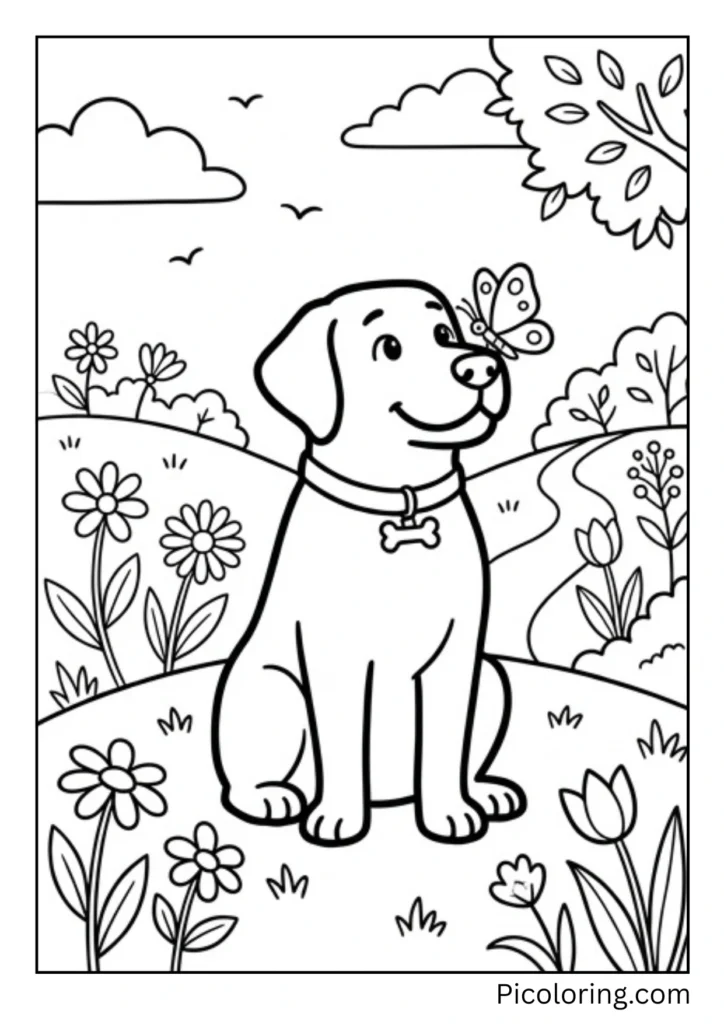 A Labrador sitting still in spring with a colorful butterfly landing on its nose