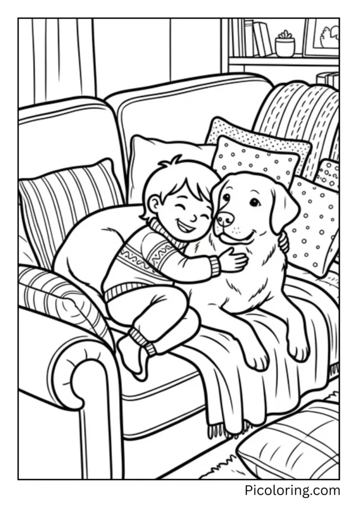 A Labrador snuggled next to a child on a comfy couch with pillows all around