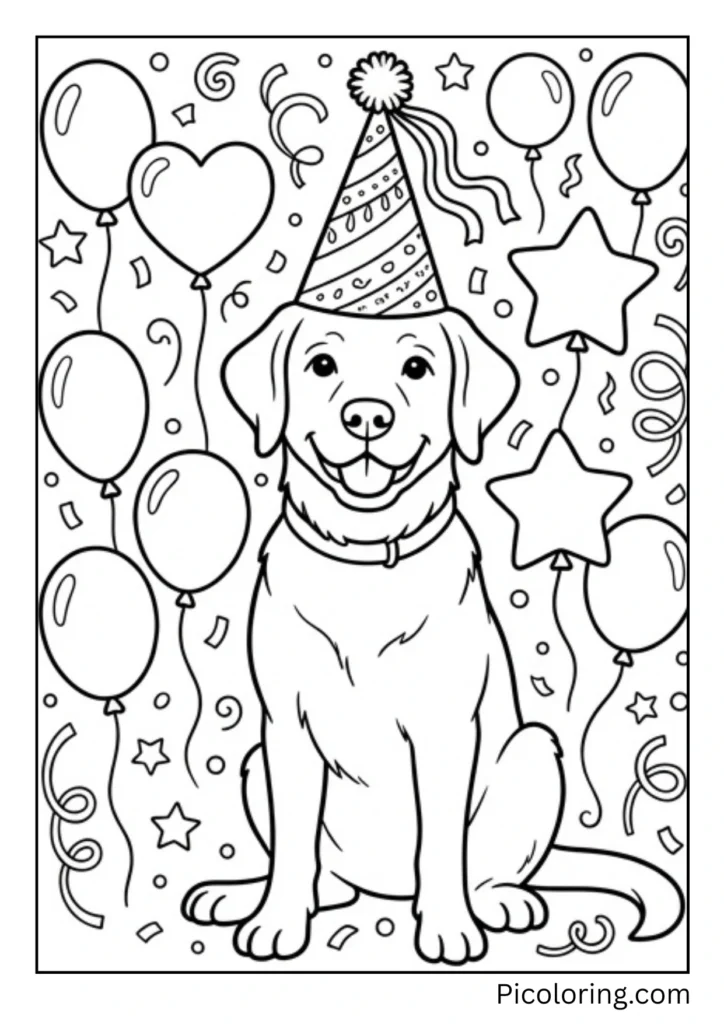 A Labrador wearing a colorful party hat with streamers and balloons all around it