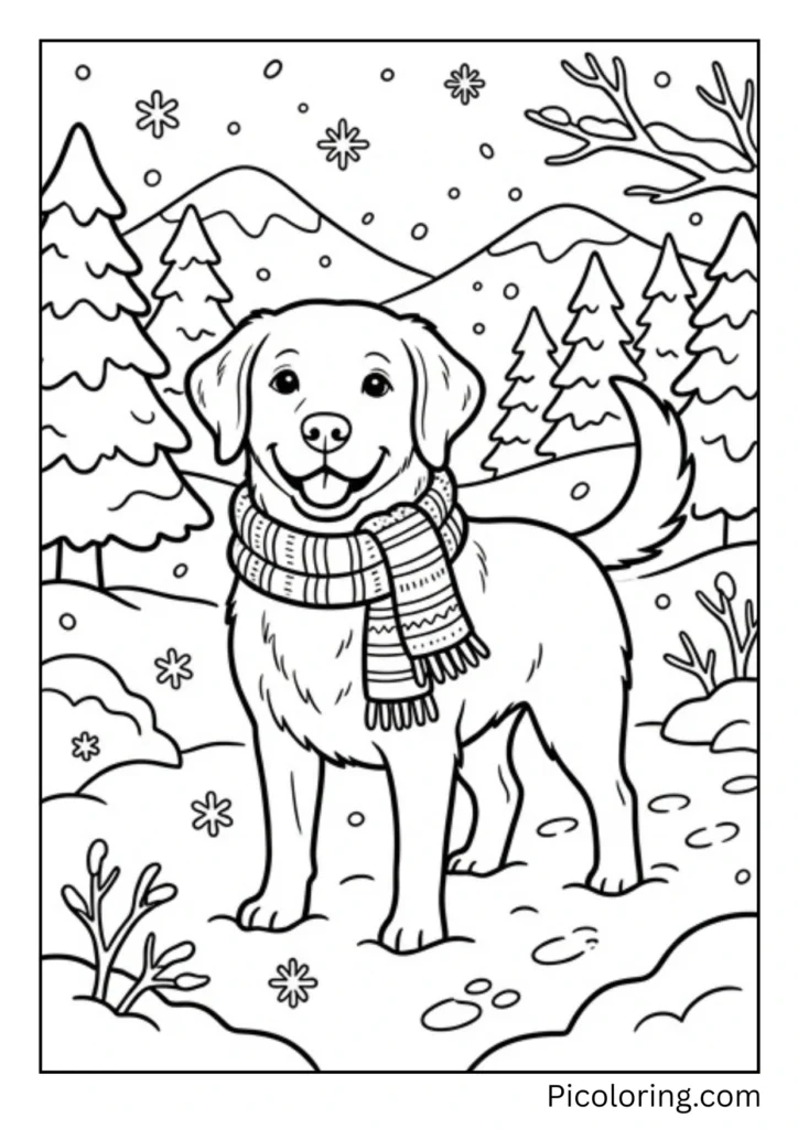 A Labrador wearing a cozy knitted scarf around its neck in the snow