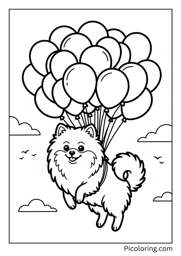 A Pomeranian holding a big bunch of colorful balloons floating in the air A Pomeranian holding a big bunch of colorful balloons floating in the air