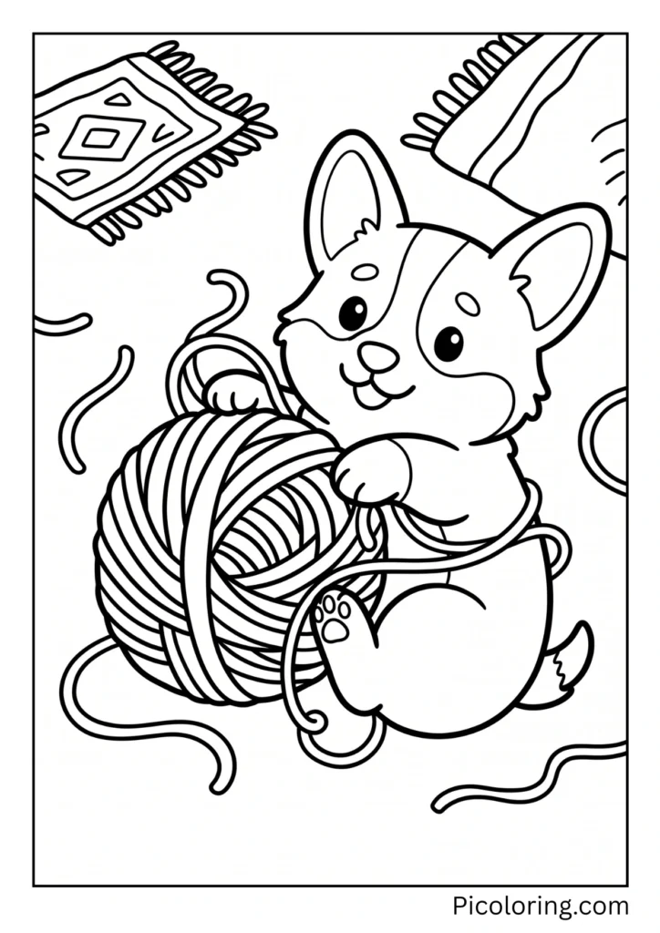 A baby corgi puppy playing with a ball of yarn A baby corgi puppy playing with a ball of yarn