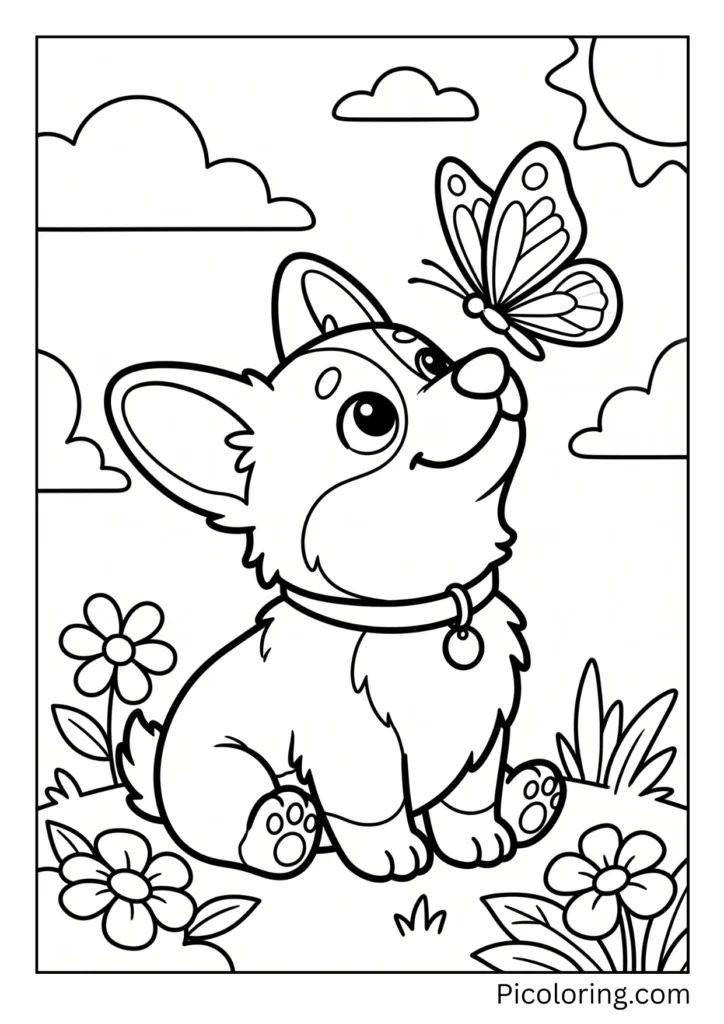 A baby corgi with big eyes looking up at a butterfly A baby corgi with big eyes looking up at a butterfly