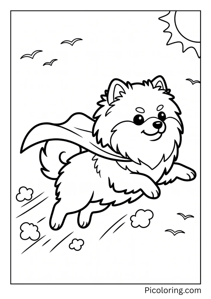 A brave pomeranian dog wearing a tiny colorful cape flying through the air fast A brave pomeranian dog wearing a tiny colorful cape flying through the air fast