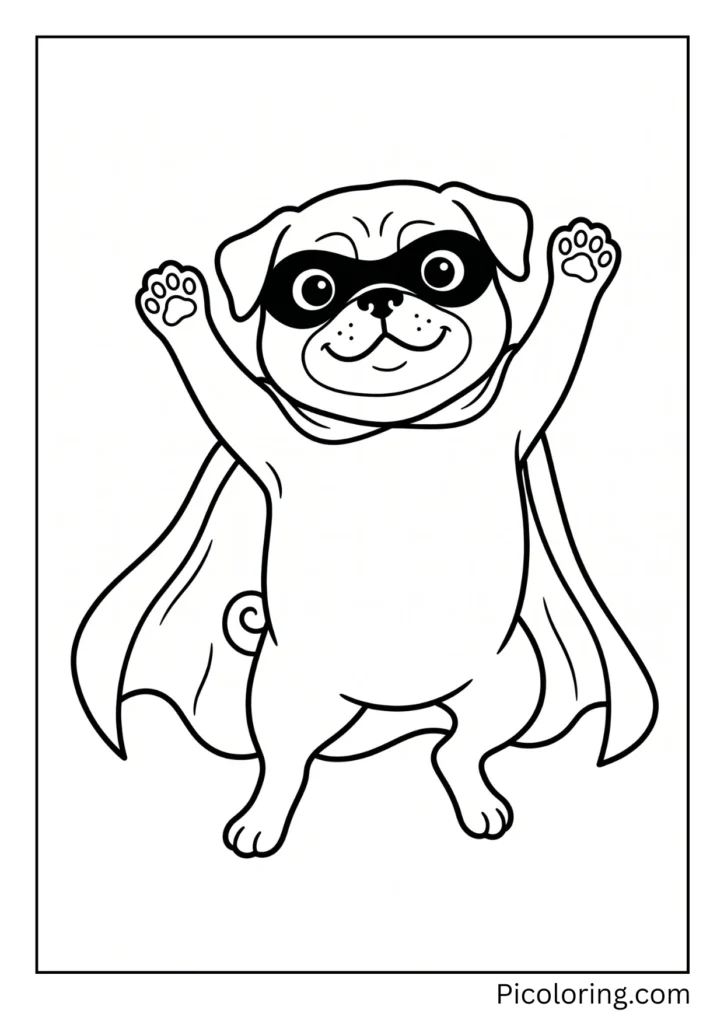A brave pug wearing a flowing red cape and black mask with its paws raised up like its ready to fly and save the day