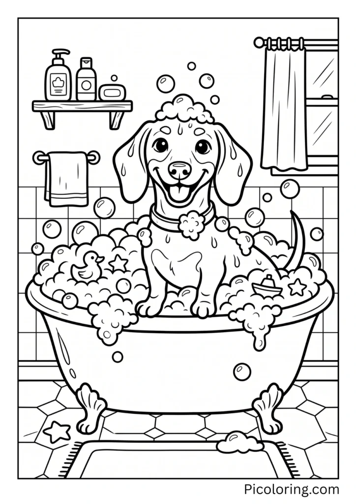 A bubbly dachshund sitting in a tub full of soap bubbles smiling big