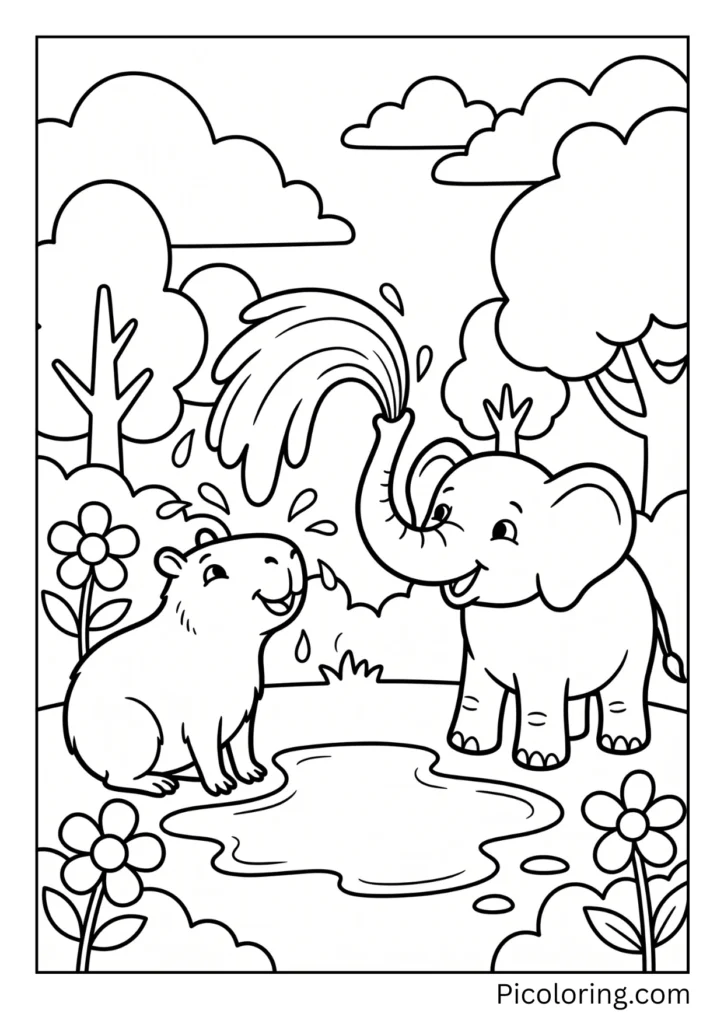 A capybara and a friendly elephant spraying water together A capybara and a friendly elephant spraying water together