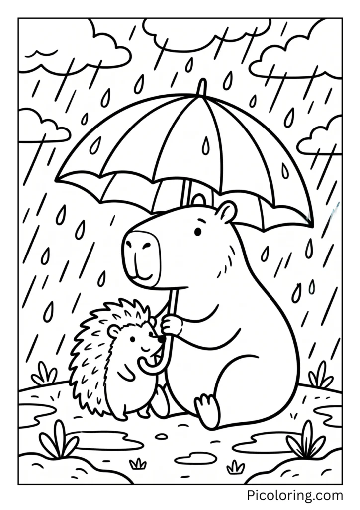 A capybara and a hedgehog sharing an umbrella in the rain A capybara and a hedgehog sharing an umbrella in the rain
