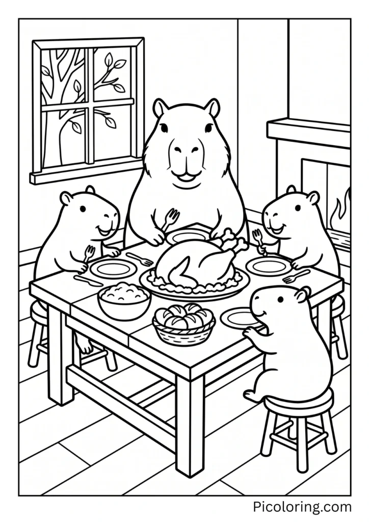 A capybara and family gathered around a Thanksgiving dinner table A capybara and family gathered around a Thanksgiving dinner table