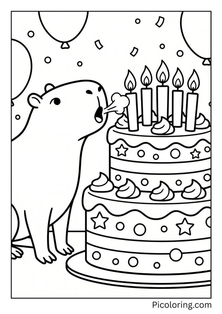 A capybara blowing out birthday candles on a giant rainbow cake A capybara blowing out birthday candles on a giant rainbow cake