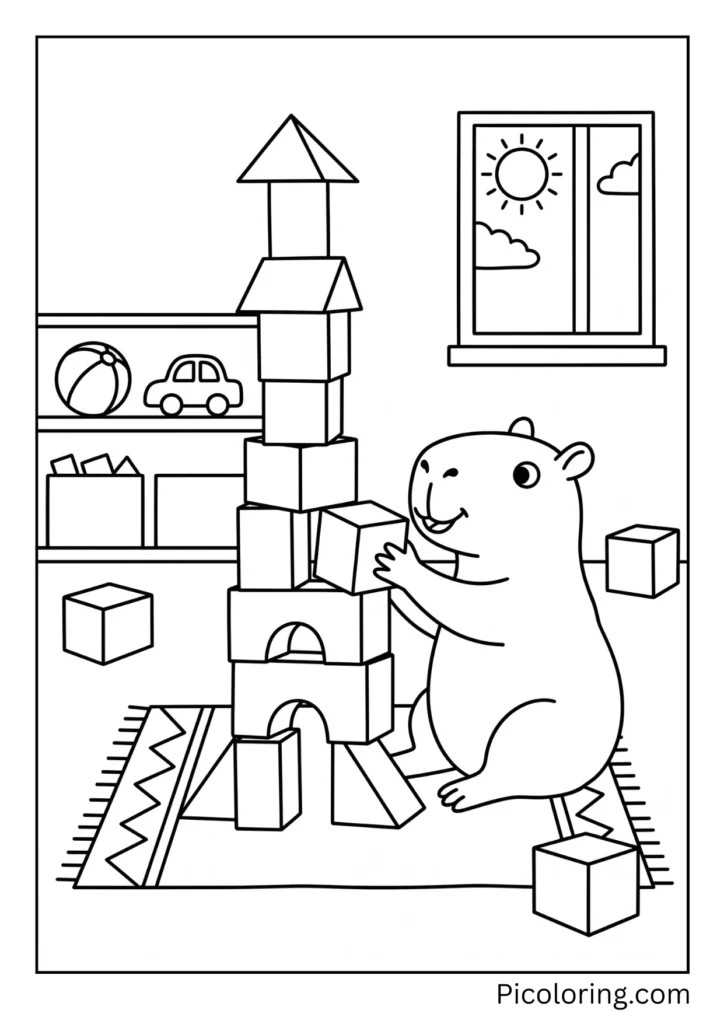 A capybara building a tall block tower during playtime at preschool A capybara building a tall block tower during playtime at preschool