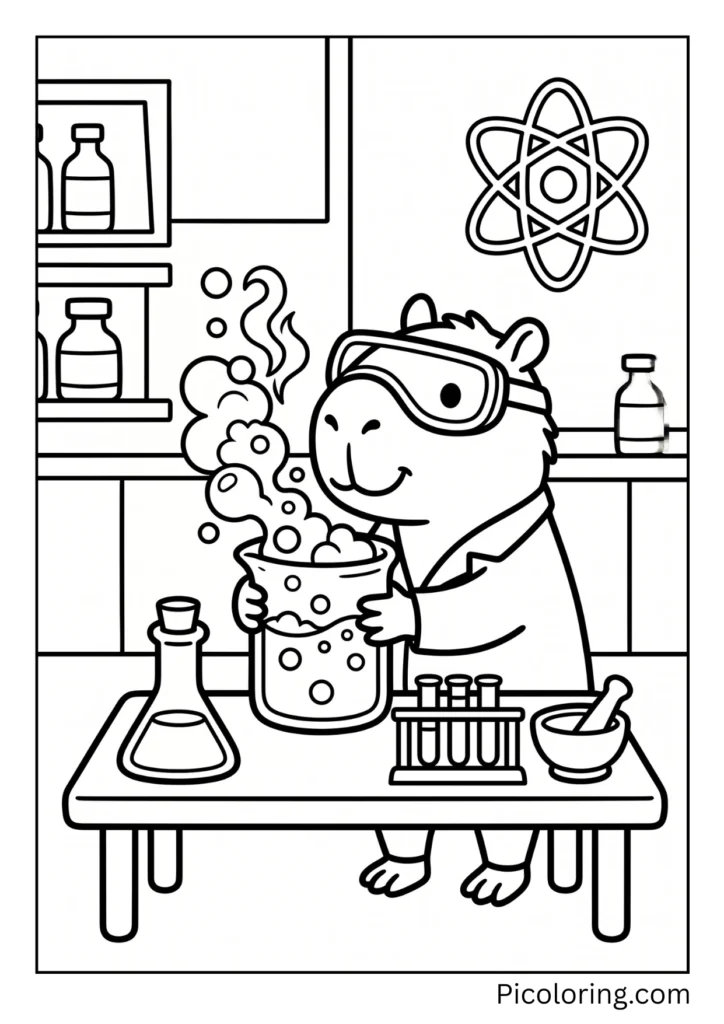 A capybara doing a science experiment with bubbling colorful potions A capybara doing a science experiment with bubbling colorful potions