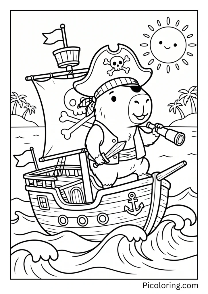 A capybara dressed as a pirate sailing on a tiny wooden ship A capybara dressed as a pirate sailing on a tiny wooden ship