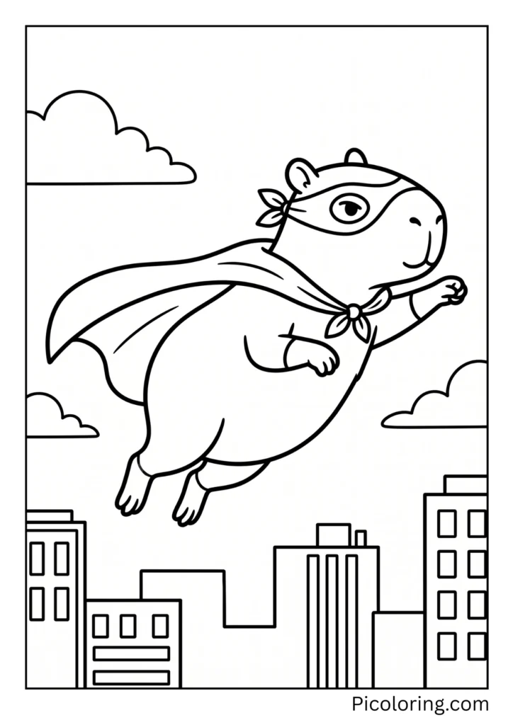 A capybara dressed as a superhero flying through the city sky A capybara dressed as a superhero flying through the city sky