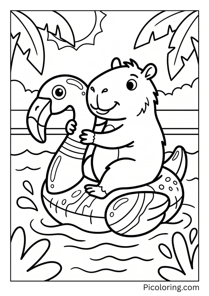 A capybara floating on a colorful inflatable flamingo in a pool A capybara floating on a colorful inflatable flamingo in a pool
