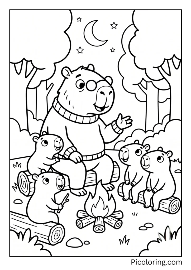 A capybara grandpa telling stories to his grandchildren by a campfire A capybara grandpa telling stories to his grandchildren by a campfire