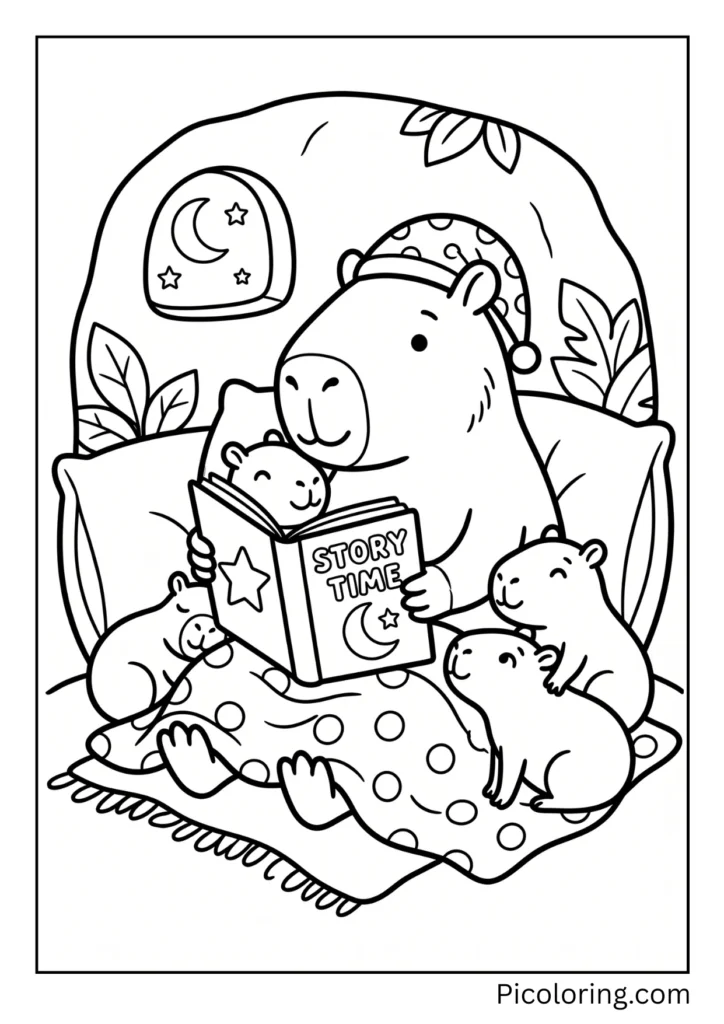 A capybara mom reading a bedtime story to her little ones A capybara mom reading a bedtime story to her little ones