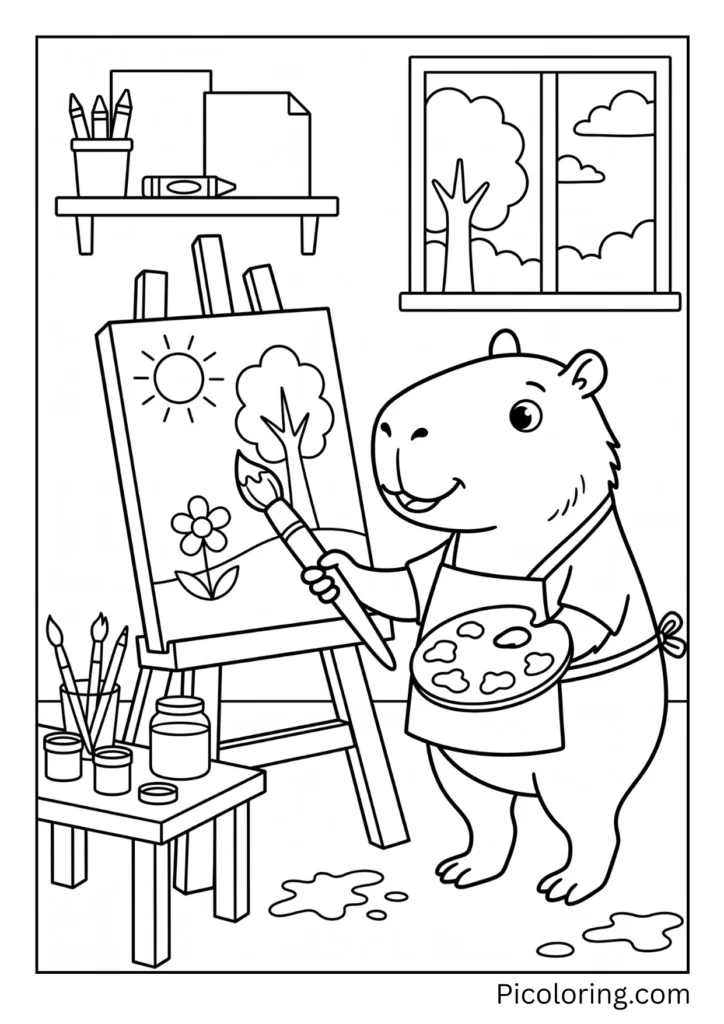A capybara painting a beautiful picture in an art class at school A capybara painting a beautiful picture in an art class at school