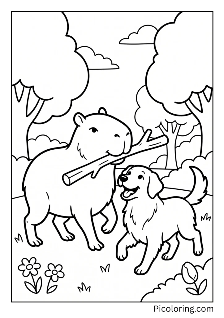 A capybara playing fetch with a happy golden retriever dog A capybara playing fetch with a happy golden retriever dog