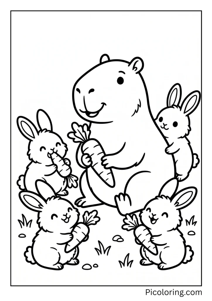 A capybara sharing carrots with a group of fluffy bunnies A capybara sharing carrots with a group of fluffy bunnies