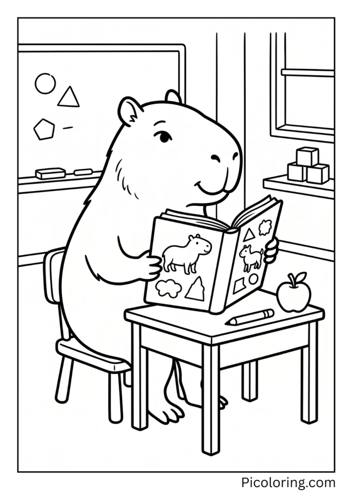 A capybara sitting at a school desk reading a big colorful book A capybara sitting at a school desk reading a big colorful book