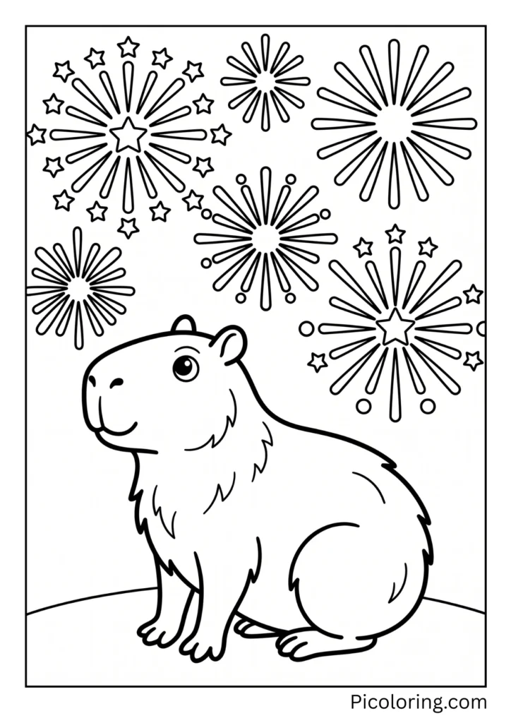 A capybara watching colorful fireworks burst in the night sky A capybara watching colorful fireworks burst in the night sky