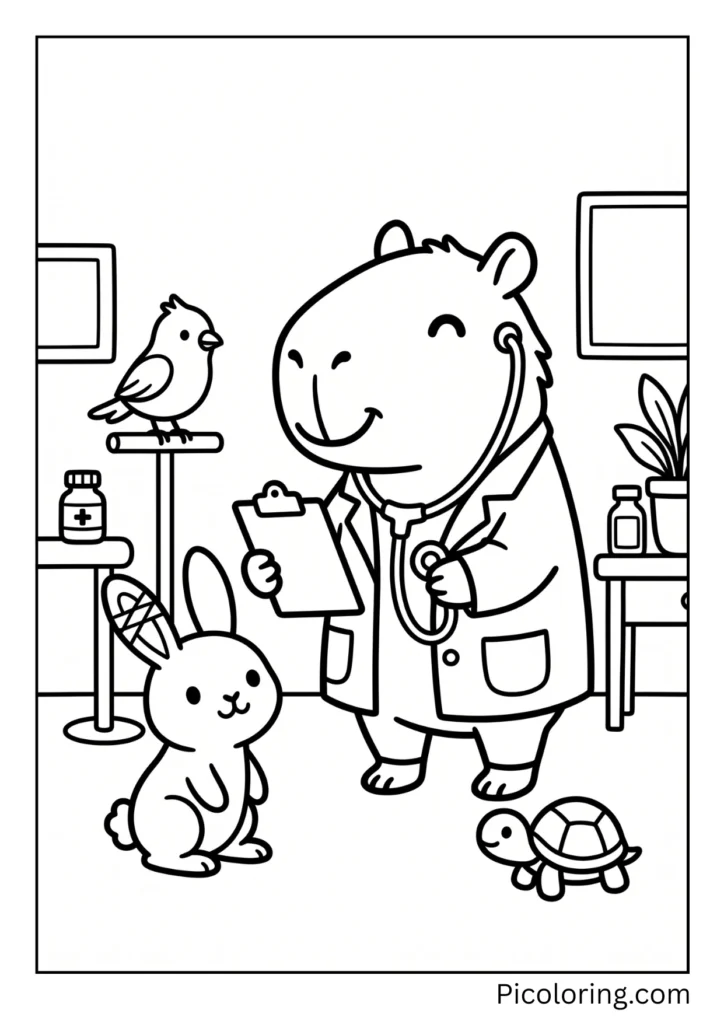 A capybara wearing a doctors coat and helping animal patients A capybara wearing a doctors coat and helping animal patients