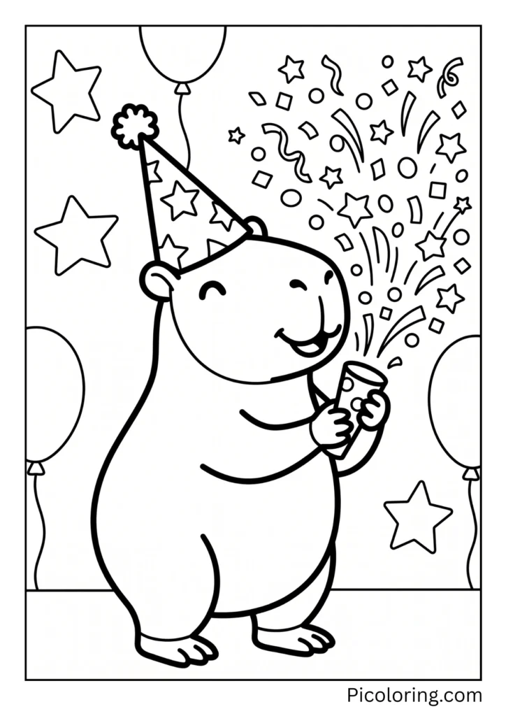 A capybara wearing a party hat and popping confetti at New Years A capybara wearing a party hat and popping confetti at New Years