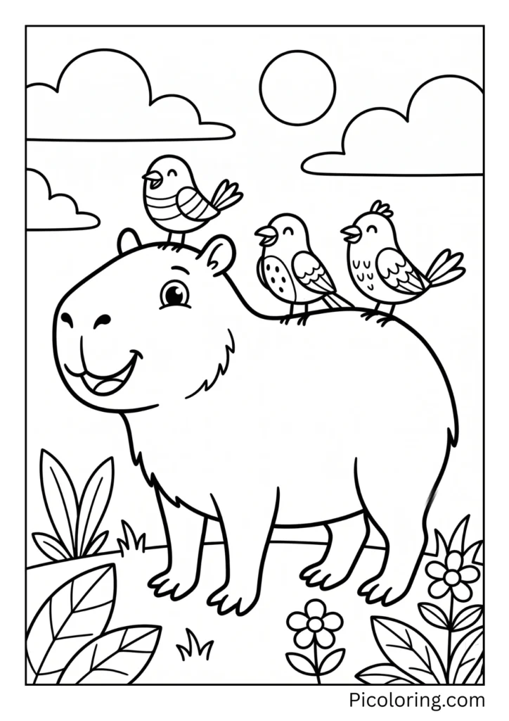 A capybara with three colorful birds sitting on its back smiling A capybara with three colorful birds sitting on its back smiling