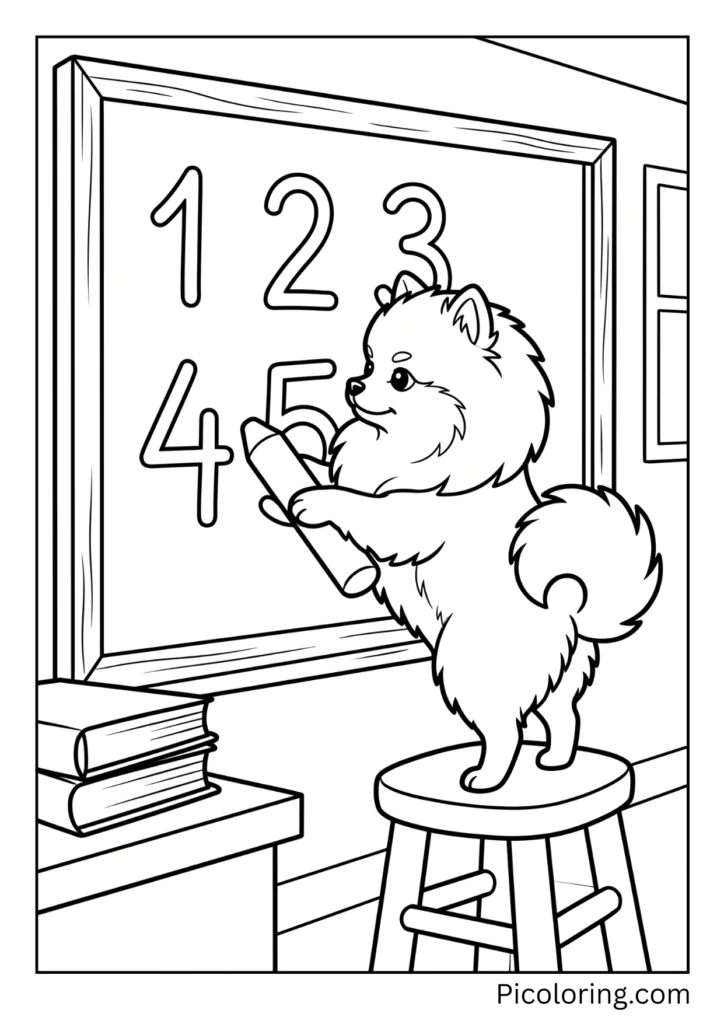A clever pomeranian dog writing math numbers on a big green classroom chalkboard carefully A clever pomeranian dog writing math numbers on a big green classroom chalkboard carefully