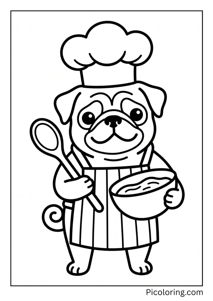 A cooking pug with a tall white chef hat and striped apron holding a wooden spoon and mixing bowl