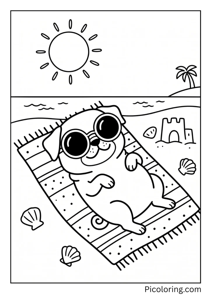 A cool pug relaxing on a beach towel wearing big round sunglasses under a bright yellow summer sun