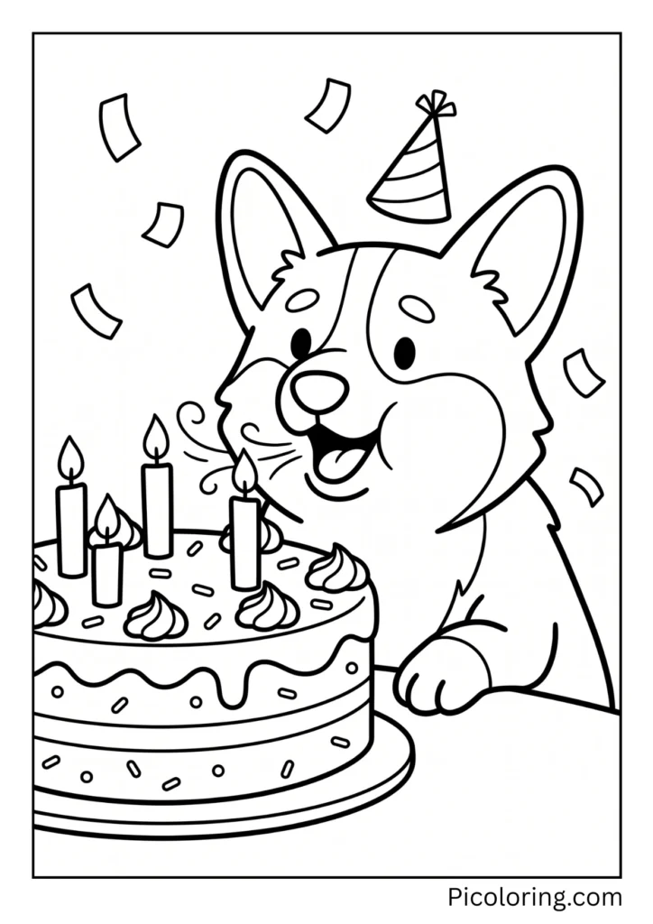 A corgi blowing out candles on a birthday cake A corgi blowing out candles on a birthday cake