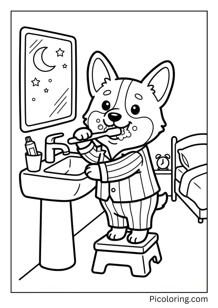 A corgi brushing its teeth before going to sleep at night A corgi brushing its teeth before going to sleep at night