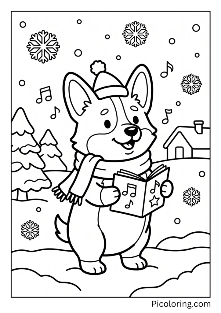 A corgi caroling in the snow with a little songbook A corgi caroling in the snow with a little songbook