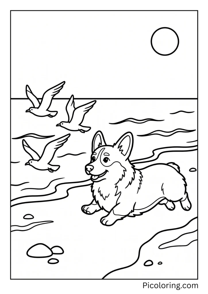 A corgi chasing seagulls along the ocean shore A corgi chasing seagulls along the ocean shore