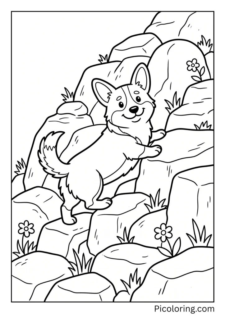 A corgi climbing up a big rocky hill with a smile A corgi climbing up a big rocky hill with a smile