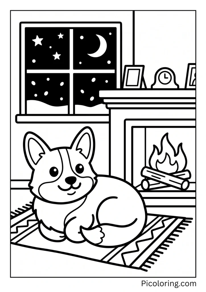 A corgi curled up by a fireplace on a cold winter night A corgi curled up by a fireplace on a cold winter night