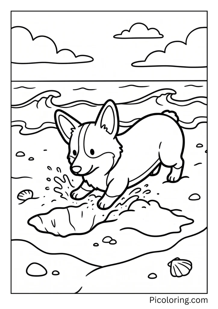 A corgi digging a hole in the sand at the beach A corgi digging a hole in the sand at the beach