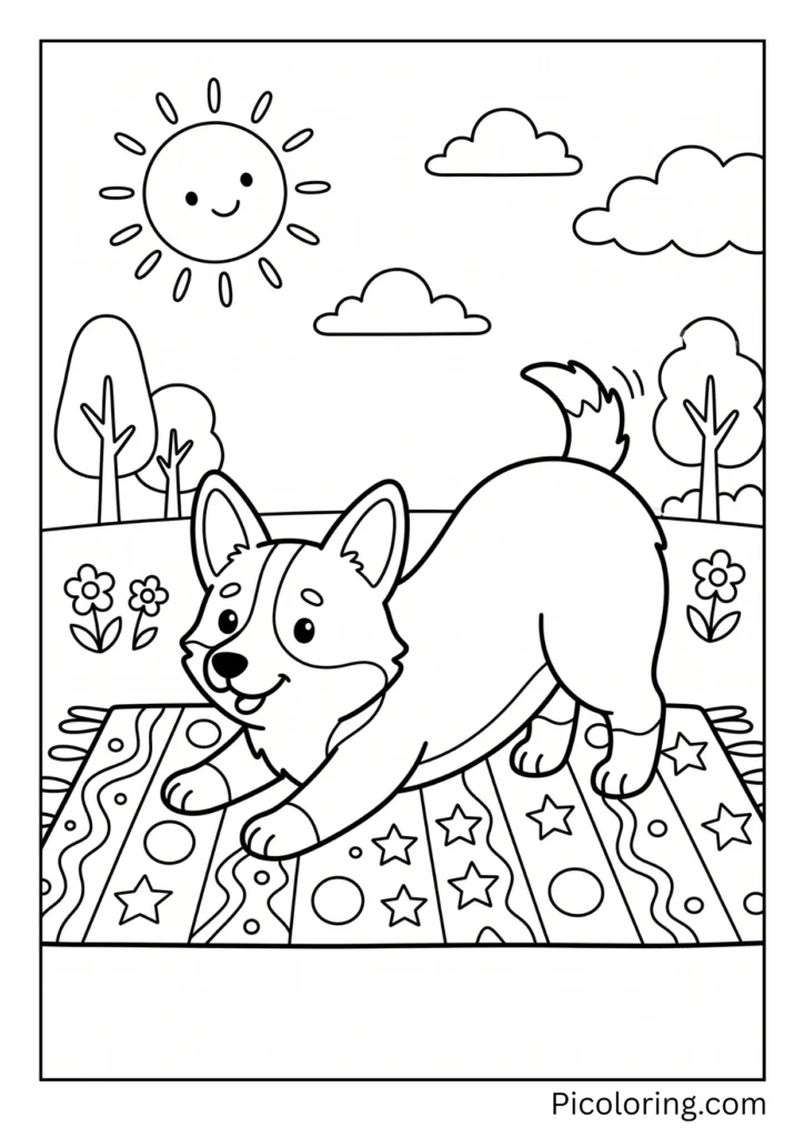 A corgi doing yoga poses on a colorful mat outside A corgi doing yoga poses on a colorful mat outside