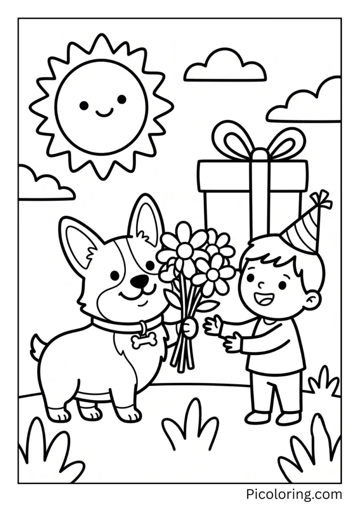 A corgi giving flowers to a friend on a special day A corgi giving flowers to a friend on a special day
