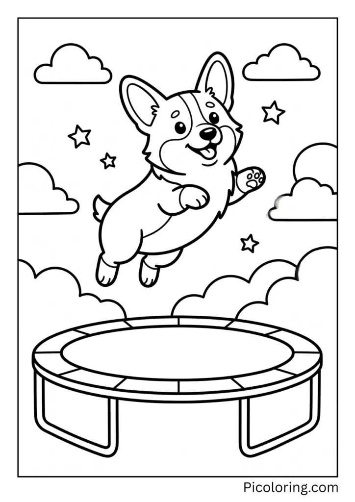 A corgi jumping on a trampoline very high in the air A corgi jumping on a trampoline very high in the air