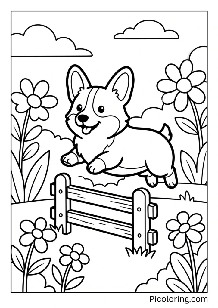 A corgi jumping over a small wooden fence in a garden A corgi jumping over a small wooden fence in a garden