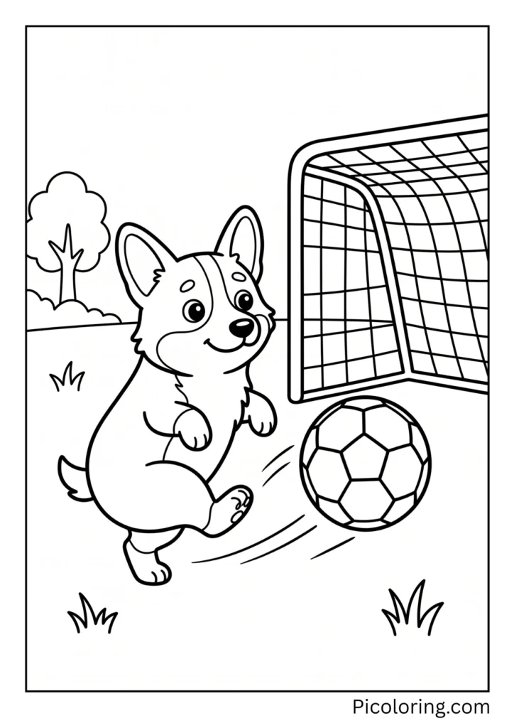 A corgi kicking a soccer ball toward a goal net A corgi kicking a soccer ball toward a goal net