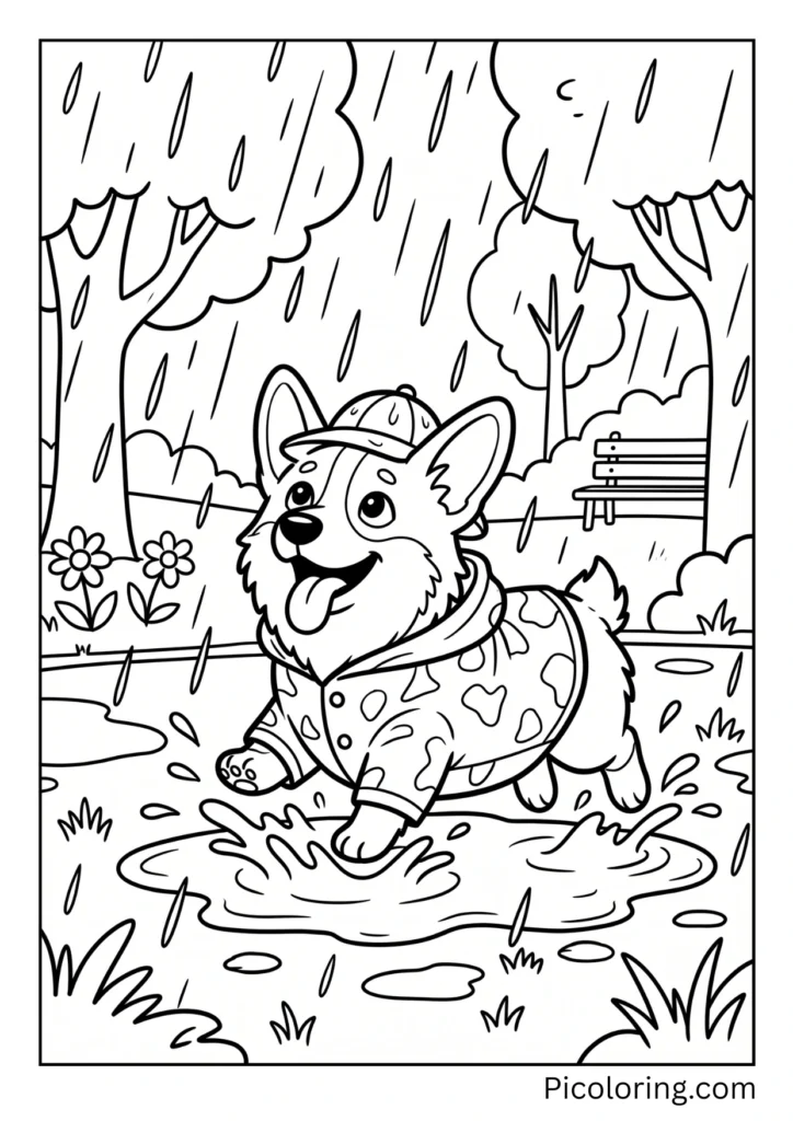 A corgi playing in the rain with its tongue out A corgi playing in the rain with its tongue out