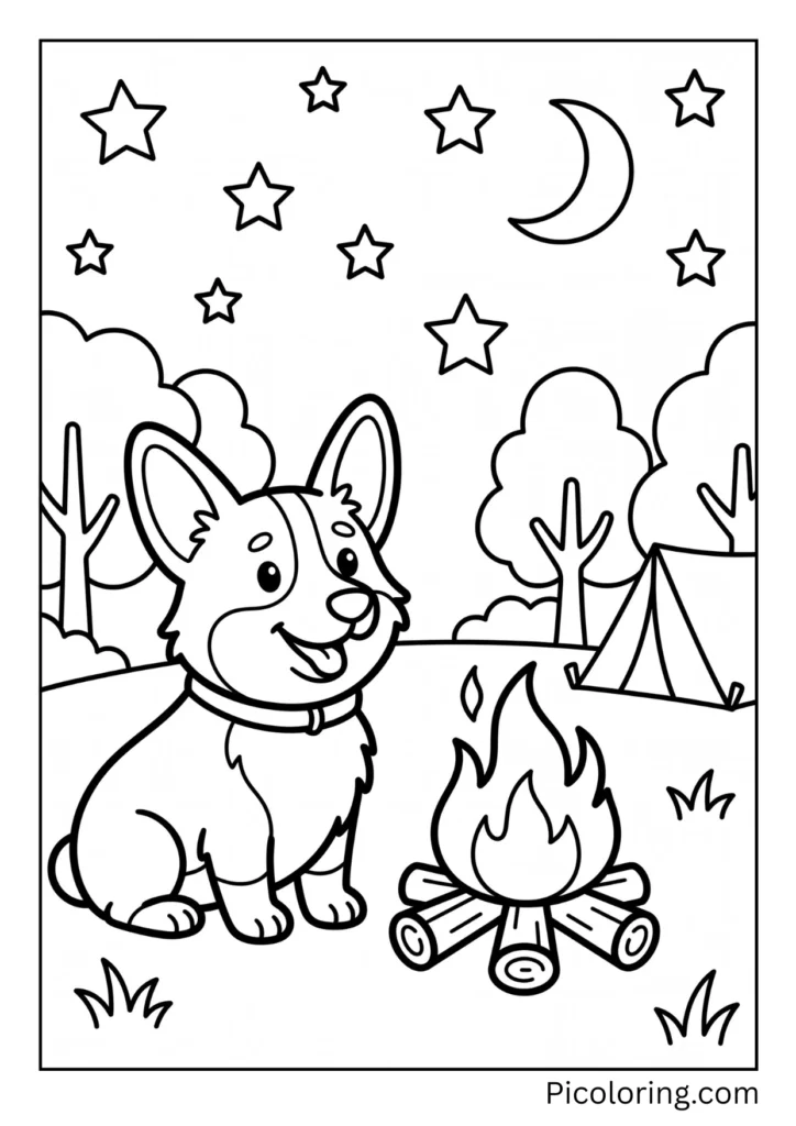 A corgi sitting by a campfire under the stars A corgi sitting by a campfire under the stars