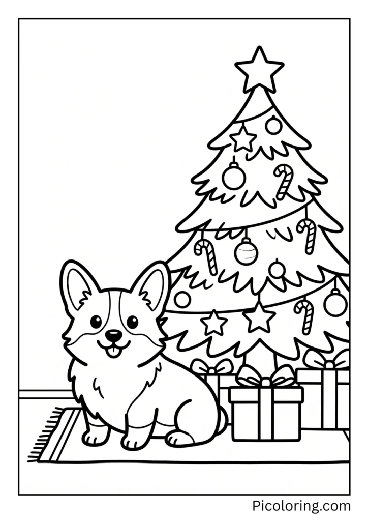 A corgi sitting next to a big decorated Christmas tree A corgi sitting next to a big decorated Christmas tree