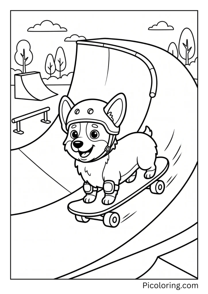 A corgi skateboarding down a ramp at a skate park A corgi skateboarding down a ramp at a skate park
