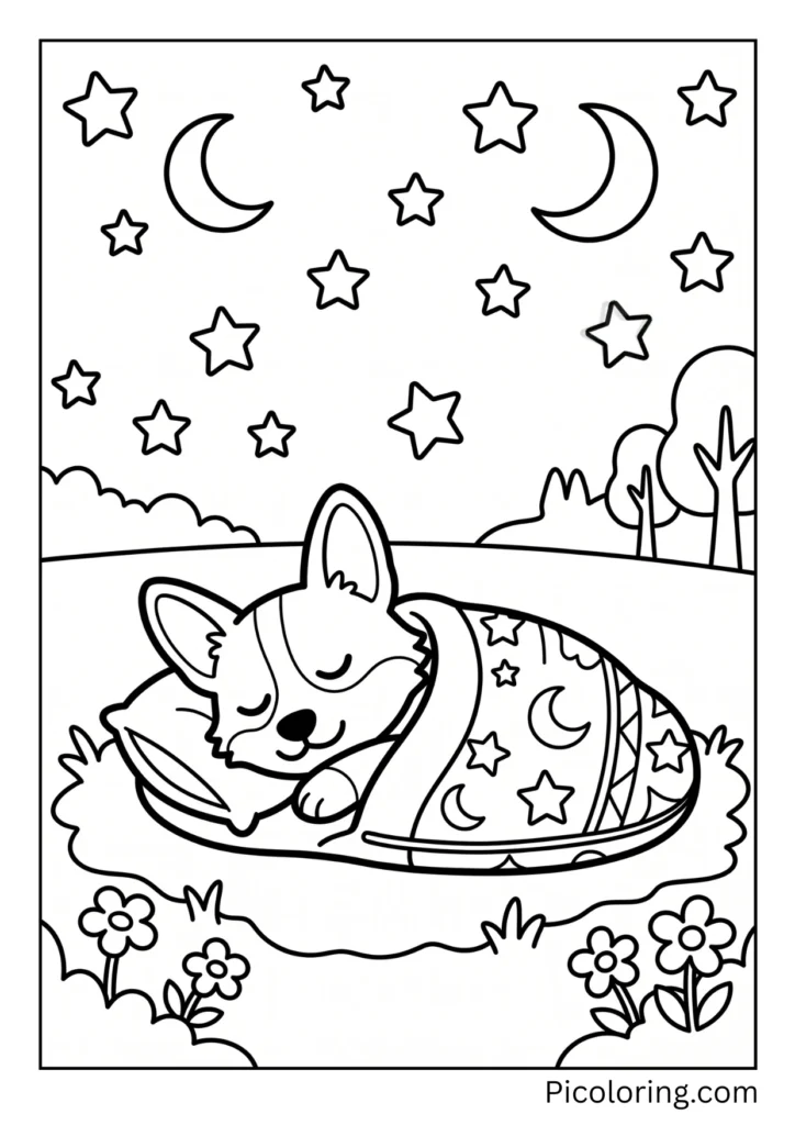 A corgi sleeping under the stars in a cozy sleeping bag A corgi sleeping under the stars in a cozy sleeping bag